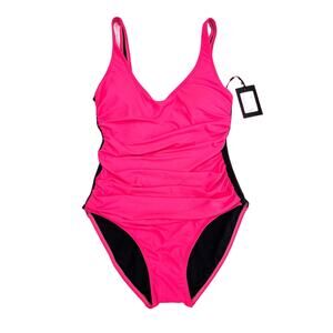 DKNY NEON PINK Ruched Mesh-Contrast One-Piece Swimsuit 4 NWT $98